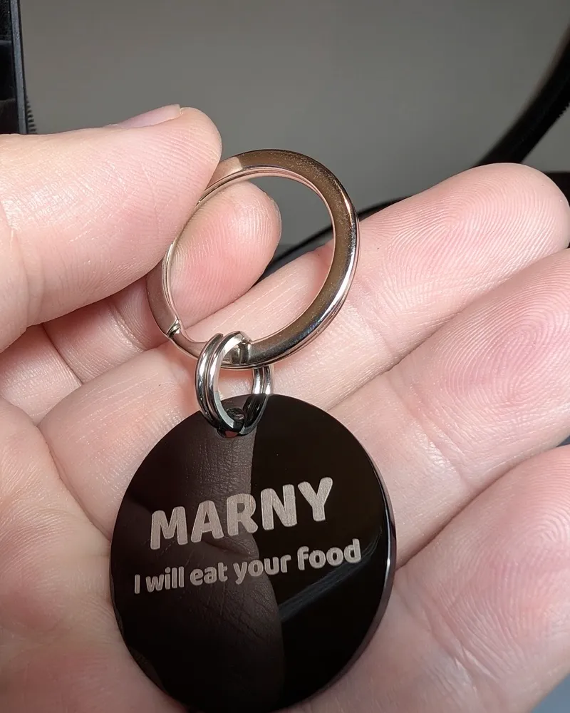A black MoodTag round tag deep laser engraved MARNY, I will eat your food, held in a hand on the Never-Fall Ring and the 26mm attachment ring