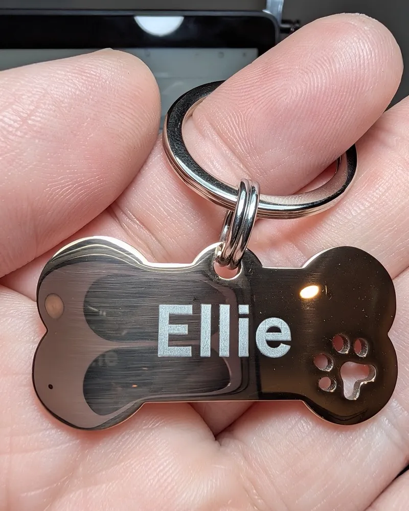 A stainless steel MoodTag bone tag engraved Ellie, with a paw print, held in a hand on the Never-Fall Ring and the 26mm attachment ring
