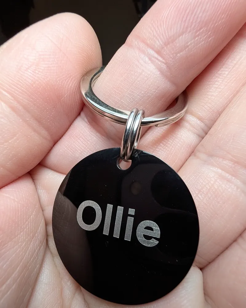 A black MoodTag round tag engraved Ollie, held in a hand, on the Never-Fall Ring and the 26mm attachment ring