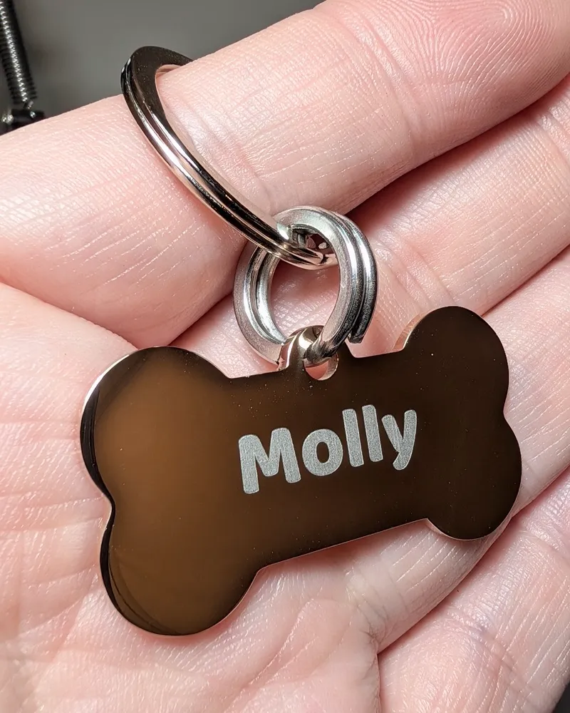 Mirror-polished MoodTag bone tag engraved Molly on its Never-Fall Ring and 26mm attachment ring, held in a hand