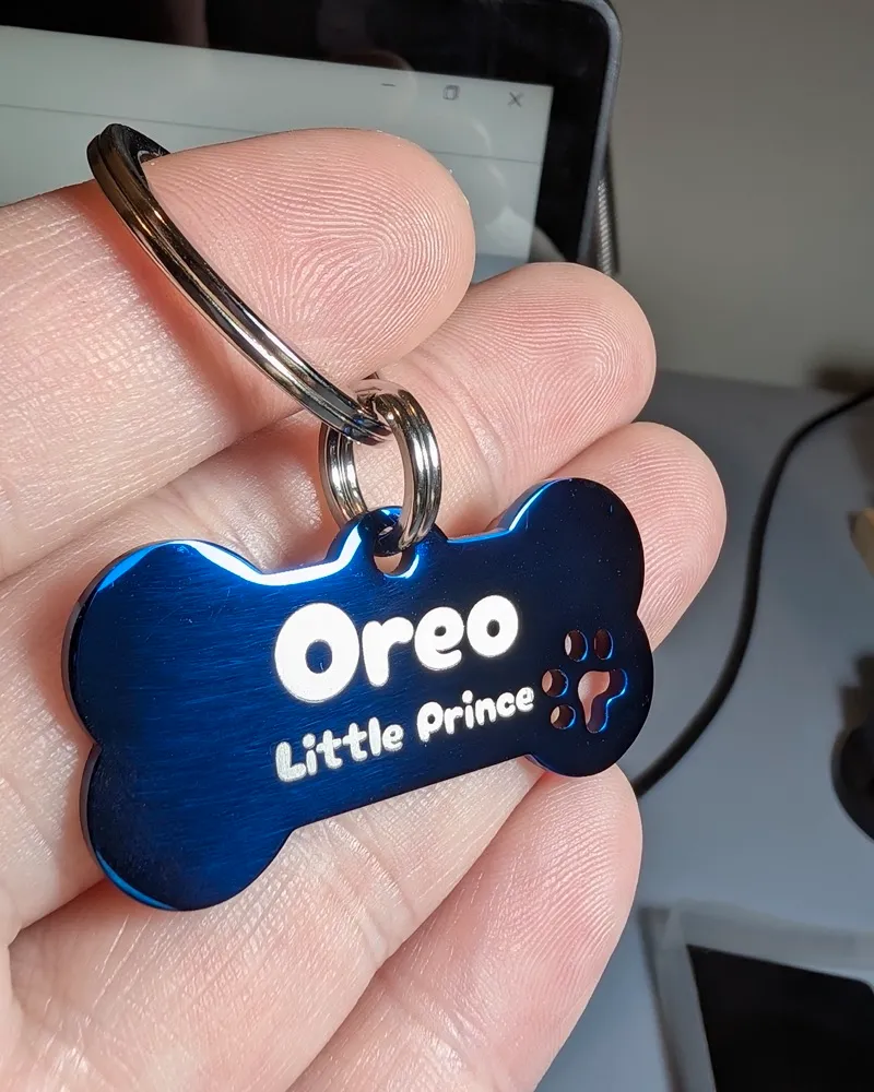A blue MoodTag bone tag engraved Oreo, Little Prince, with a paw print, held in a hand on the Never-Fall Ring and the 26mm attachment ring