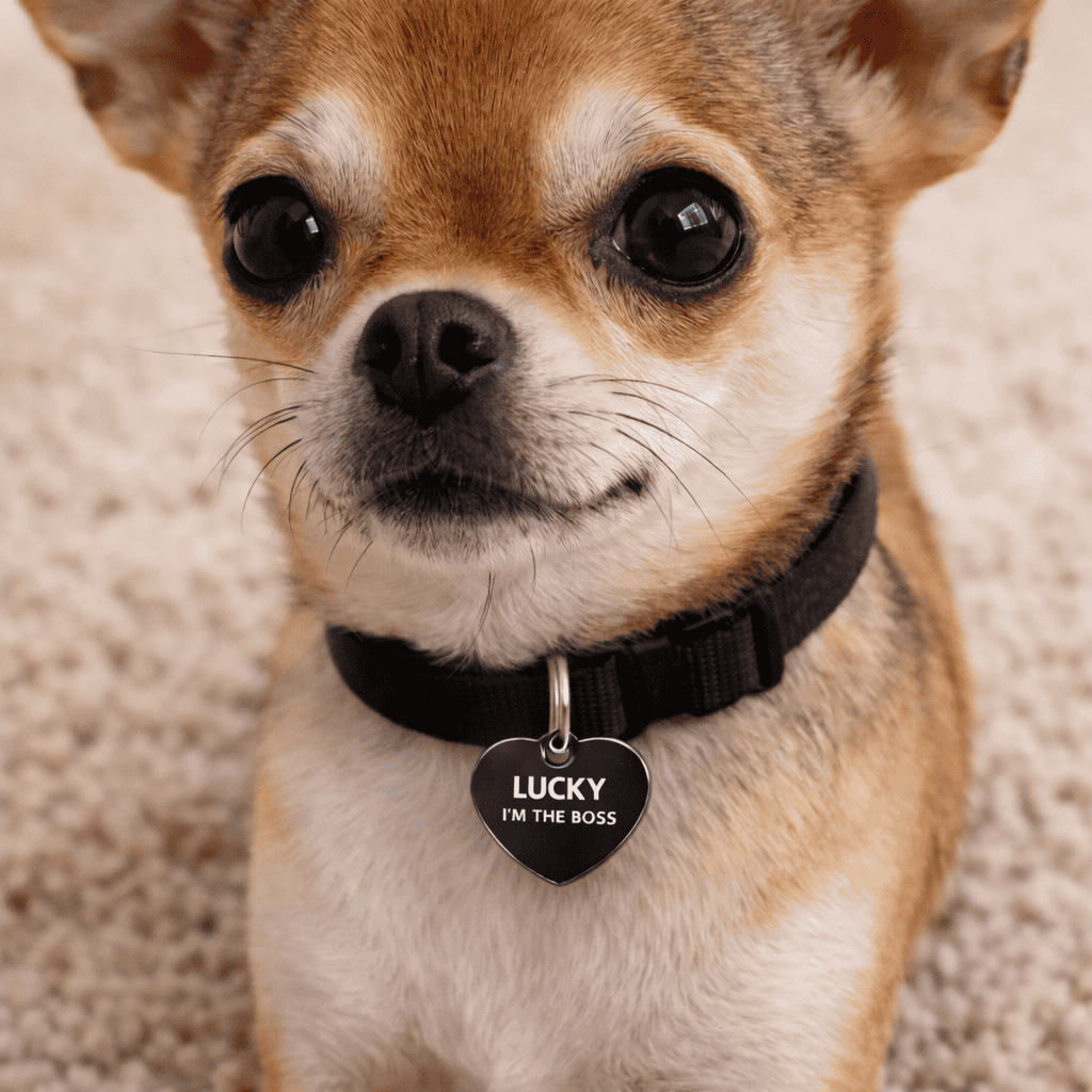 Small Chihuahua wearing MoodTag's small dog id tag