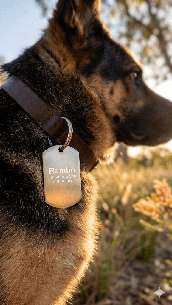 German Shepherd wearing a military dog tag