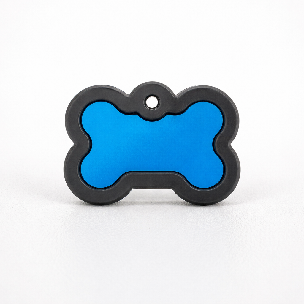 Blue aluminium bone-shaped dog tag with silencer.