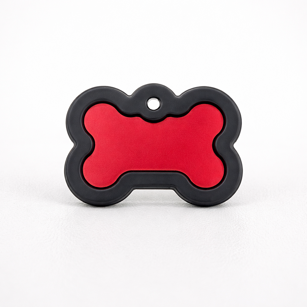 Red bone-shaped dog ID tag with rubber silencer